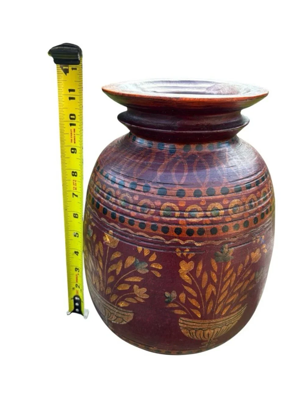 Vtg Kashmiri Hand Painted Wood Vase MCM Indian Lacquerware Folk Art Pot